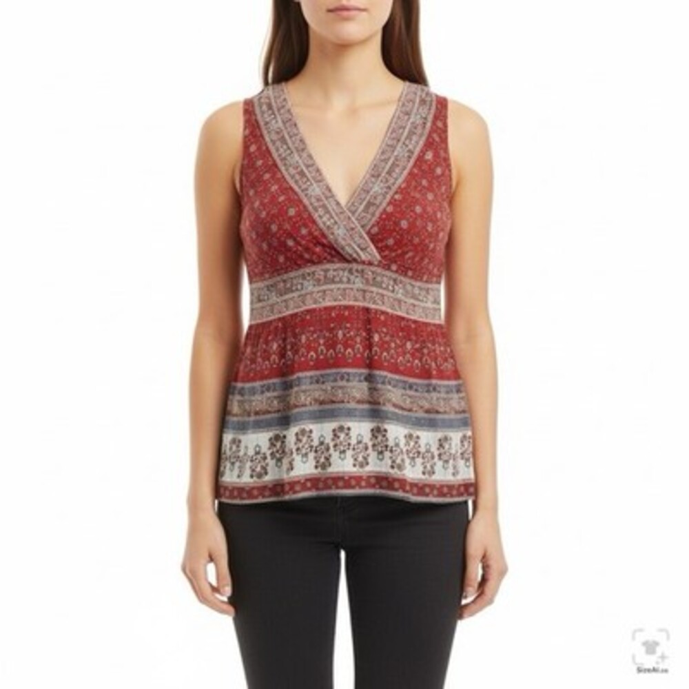 G.H. Bass & Co Red Floral Block Print Sleeveless Peplum Top V-Neck Small